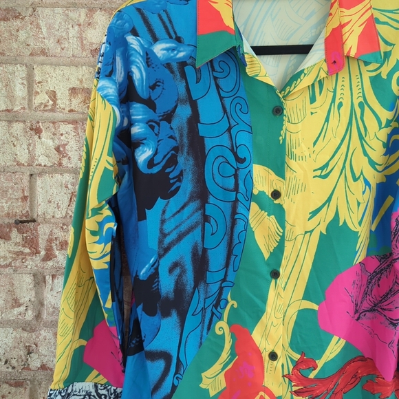 Colorful Print Button Up Collar Long Shirt Dress Blouse Mini Dress size M - Picture 5 of 10